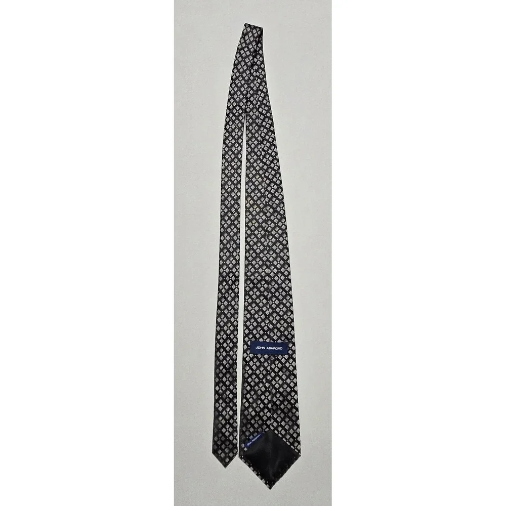 John Ashford Necktie Silk Stain Resistant Geometric Black Grey 3.5x61